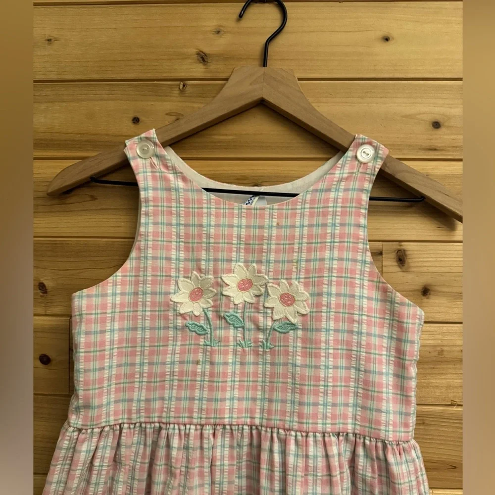 Vintage Kelly’s Kids Size 8 Teal Pink Plaid Flower Applique Tank Dress Spring